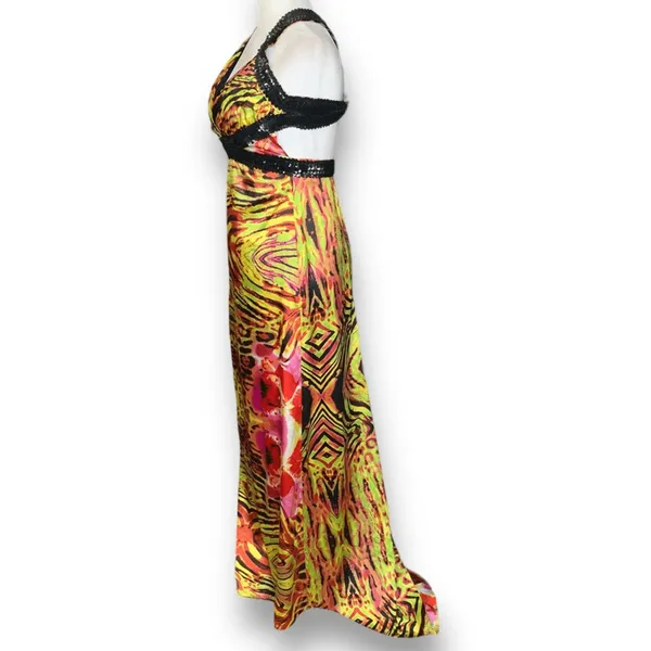 Y2K Zum Zum Niki Livas Neon Animal Print Sequin Halter Maxi‎ Dress XS Open Back - Image 5