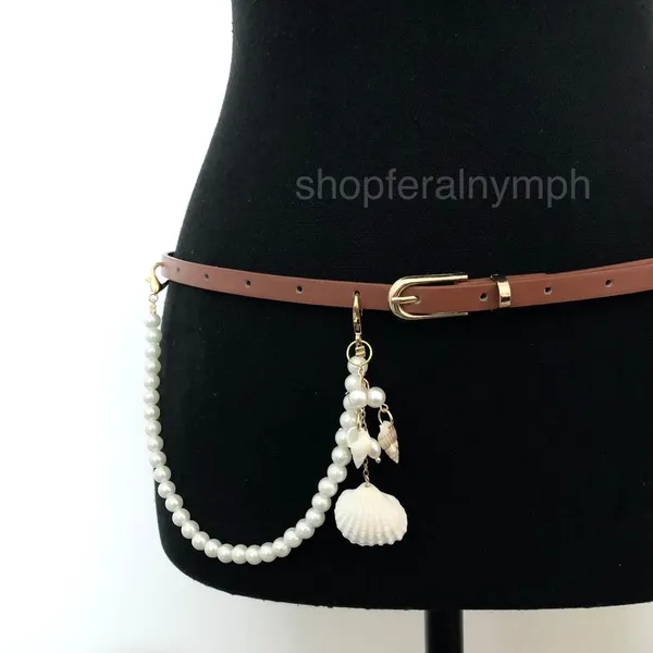 Mermaidcore Brown Faux Leather Pearl Shell Belt, Fits 32.5–35 Inches, X7GA1230 - Image 5