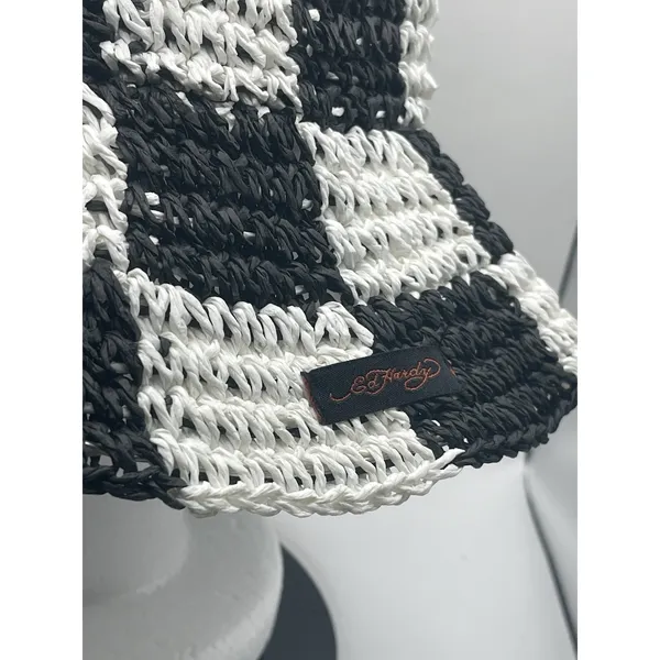 Ed Hardy, Black‎ And White Crochet Checkered Bucket hat festival Boho - Image 4
