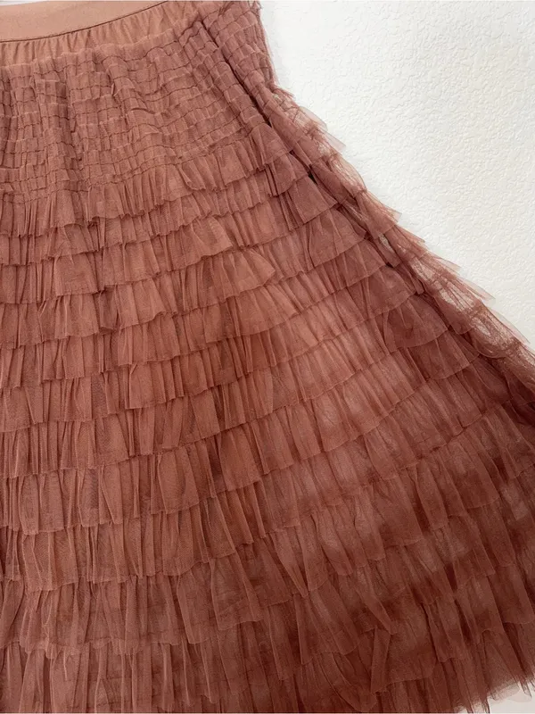 Miss Sparkling Mocha Brown Tiered Tulle Ruffle Midi Skirt - Image 3