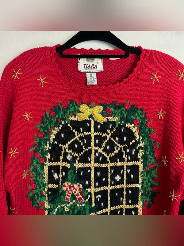 Vintage 90s Tiara International Red Christmas Sweater Sz Medium Teddy Bear Tree - Image 3