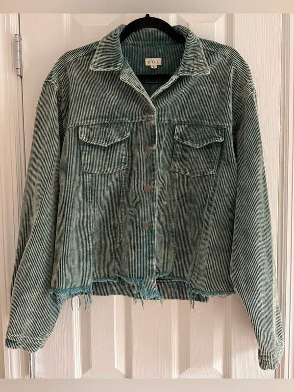 POL Vintage Wash Corduroy Jacket‎ Distressed Green Button Jean Jacket size Large - Image 2