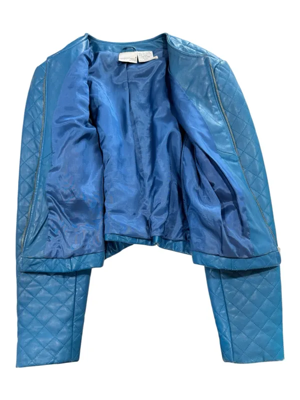 VTG Newport News Quilted Leather Jacket Size 6 Blue Collarless Zip Front - Image 3