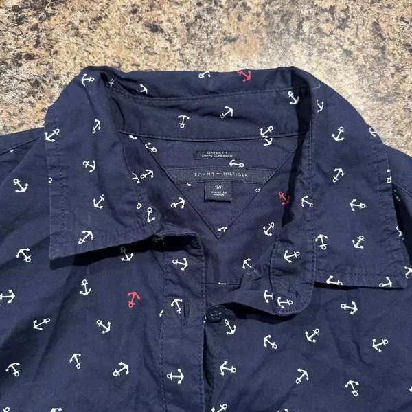 Tommy Hilfiger Top Anchor Nautical Preppy Coastal Academia Button Up Blue Small - Image 3