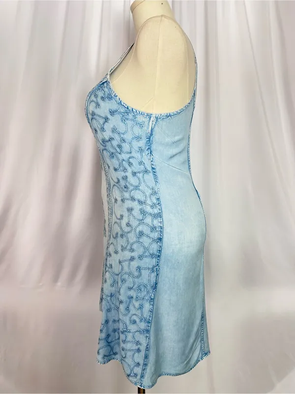 Sopogee Vintage Embroidered Chambray Dress Blue Rayon Sleeveless SizeLarge(1409) - Image 4
