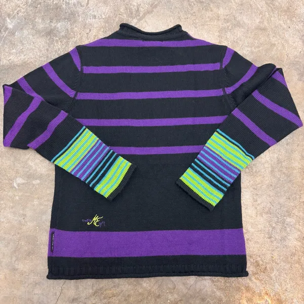 Obermeyer Vintage 90s Green Purple Neon Striped Ski Sweater Juniors Large - Image 4