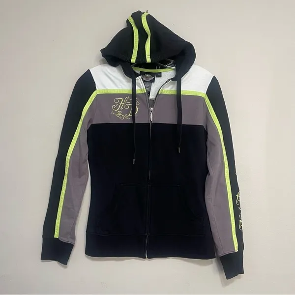 Harley‎ Davidson Woman's Full Zip Hooded Sweater Size XS Black Neon Green White - Image 5