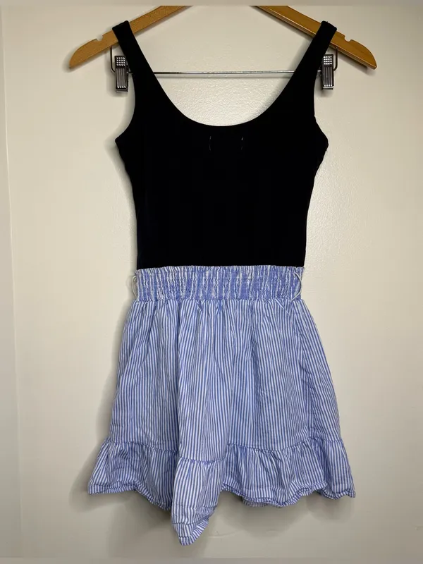 Y2K Abercrombie & Fitch Mini Babydoll Dress Smocked Waist Sz Small Navy Stripes - Image 3