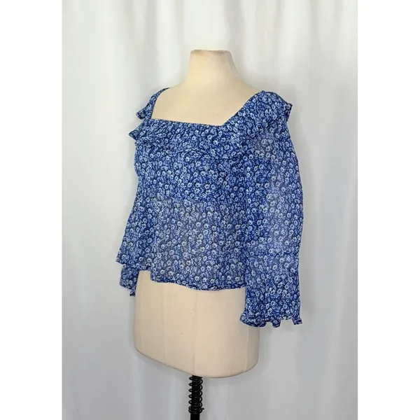Anthropologie MAEVE Square Neck Sheer Babydoll Top Blue White Floral Large‎ - Image 6