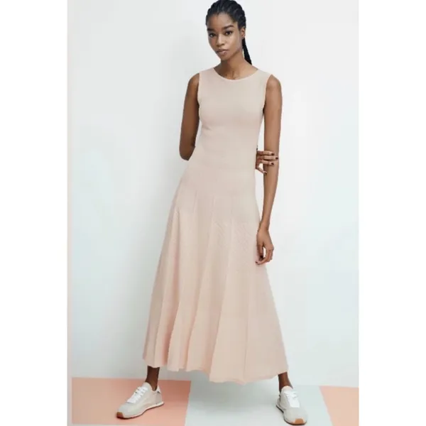 Zara NWT Sleeveless Knit Pleated Panel Maxi Dress Beige Small - Image 2