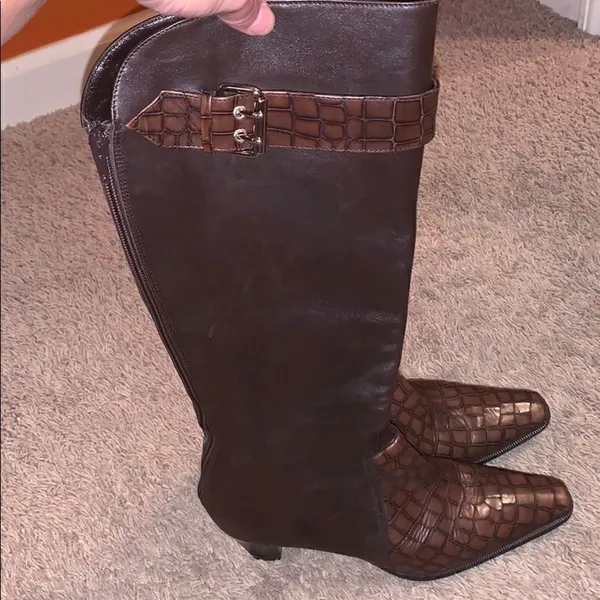 Prevata Brown Diana Leather Croc Heeled Boots - Image 7