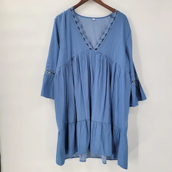 Boho Dress XL Blue Lace Crochet Trim Flowy Midi Casual Party Tiered Ruffle Rodeo - Image 3