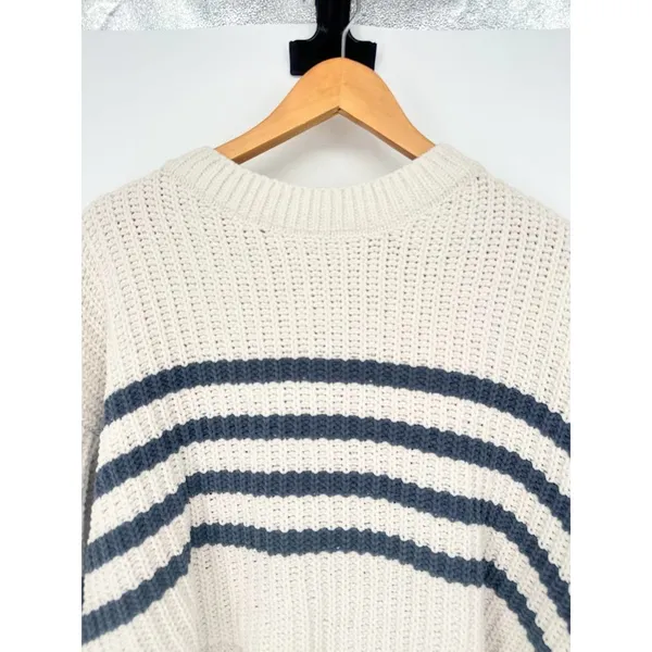 Pink Rose Striped Sweater Womens Medium Cropped‎ Pullover Oversized Ivory Bluec - Image 2