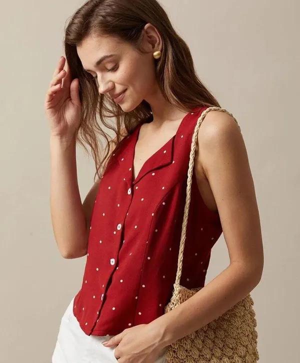 RIHOAS The Red V Neck Polka Dot Print Sleeveless Vest S - Image 2