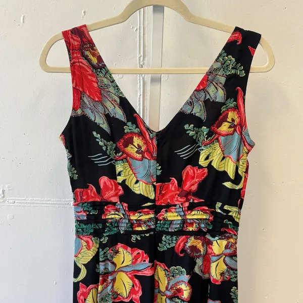 Vintage Kamellia by P.R. Tropical Floral V-Neck Smocked‎ Waist Midi Dress Small - Image 5