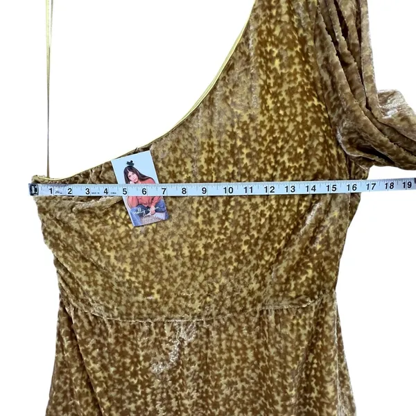 Molly Green Zion Burnout Velvet Dress L Gold Brown Floral One Shoulder Glam Boho - Image 5