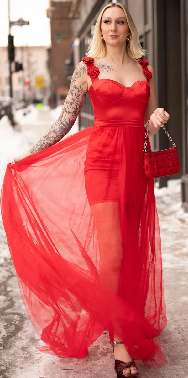 Boutique Red satin and mesh maxi prom dress - Image 12