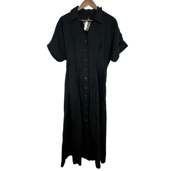 Madewell Black Linen Midi Shirt Dress‎ Button Front Size M Chic Feminine Classic - Image 2