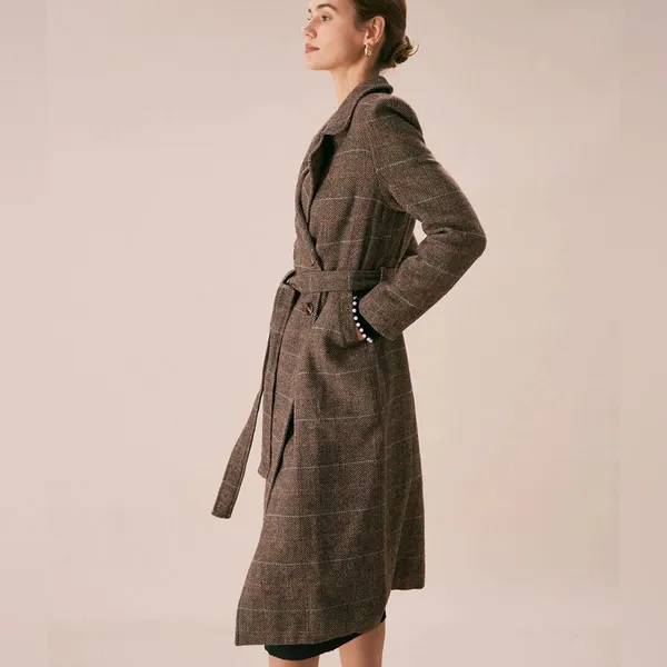Rihoas Coffee Lapel Belted Double Breasted Coat Brown Size M - Image 5