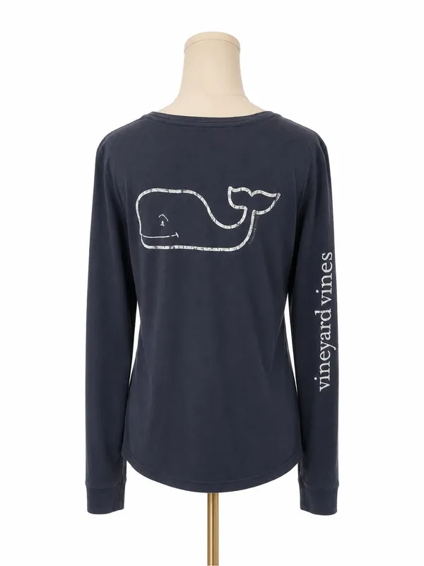 Vineyard Vines Navy Long Sleeve Pocket Tee Whale Logo Size M 100% Cotton - Image 2
