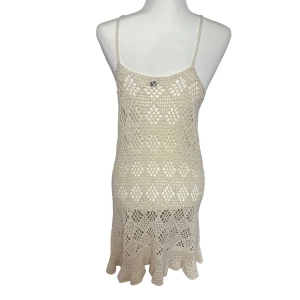 Aerie Crochet Knit Midi Dress Boho Ruffle Hem Beach Coverup Cream Festival sz M‎ - Image 7