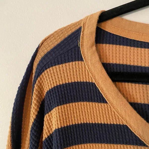 Offline Aerie Brown Blue Stripe Thermal Waffle Knit Long Sleeve Loungewear Small - Image 3