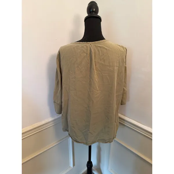 Multiples Olive Green Modal V-Neck Drab Henley Blouse 3/4 Sleeve Popover Boho - Image 4
