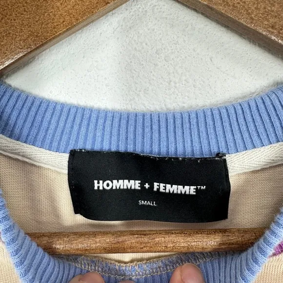 HOMME FEMME Small Beige Logo T-Shirt Ribbed‎ Collar Retro Streetwear Knit Tee - Image 4