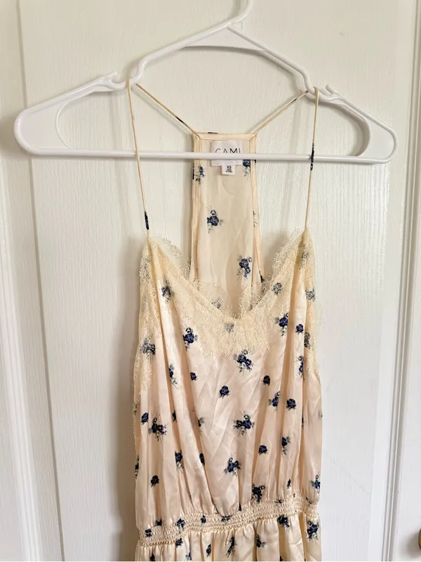 Cami NYC Silk Cream with Blue Floral Lace Trim Mini Dress - Image 3