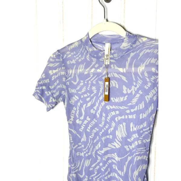 SKIMS Summer Mesh T-Shirt Bodysuit Lilac Swirl Logo Print Mock Neck NWT L - Image 3