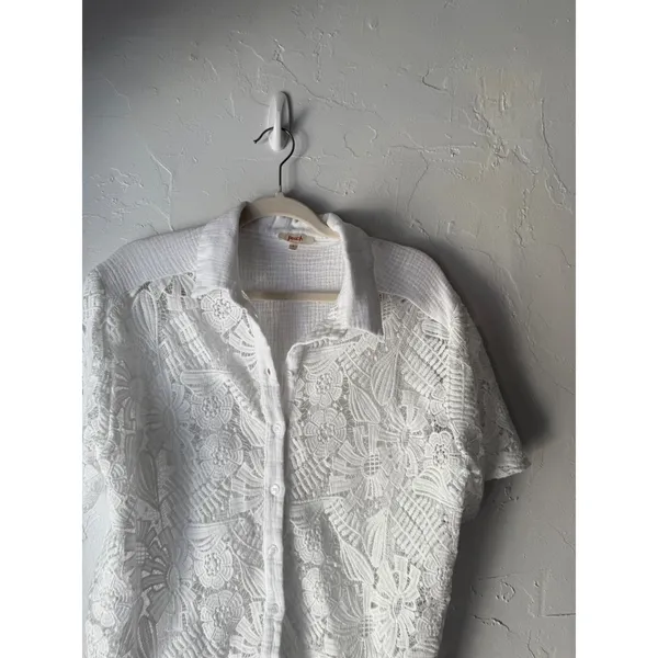 Peach White Lace Crochet Button Down Short Sleeve Shirt Top L Coquette Victorian - Image 2