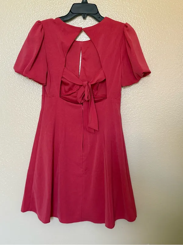 City Studio Womens S Pink Jacquard Puff Sleeve Open Back Tie A Line Dress - Image 3