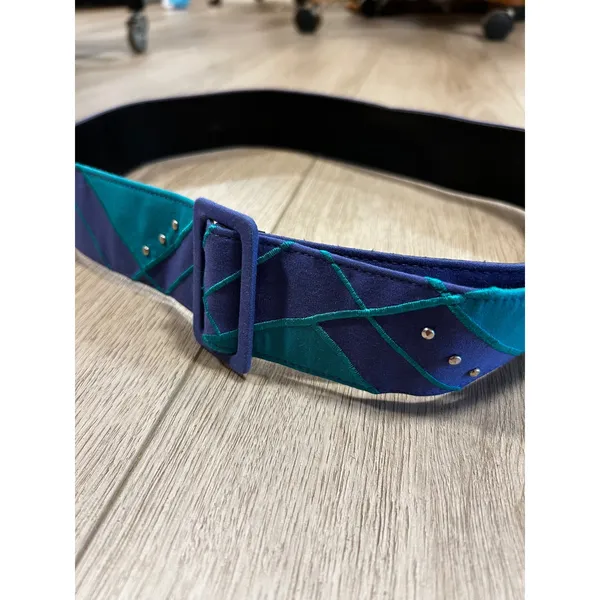 Vintage 80s Wide Waist Belt Purple Teal Geometric Embroidered Studded Size 16 - Image 3
