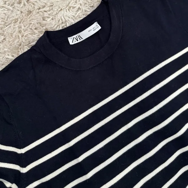 Zara Dark Blue and White Striped Knit Top - Image 3