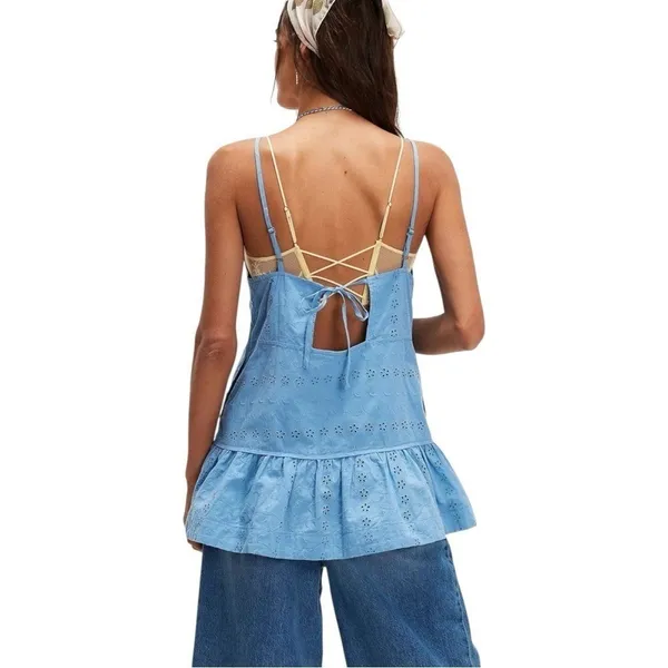Free People All Caught Up Tunic Baby Blue Eyelet Sweet Open Back Shirt‎ XS New - Image 3