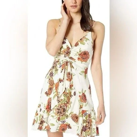Free People Floral Ruched Ruffle Sleeveless Mini Sundress Ivory Multi Size M - Image 2