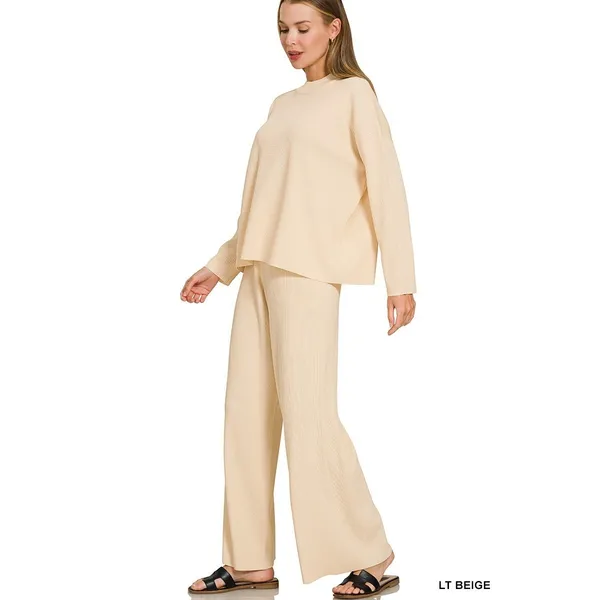 Zenana Viscose Sweater Top & Pants Set - LT. Beige - Small - Image 3