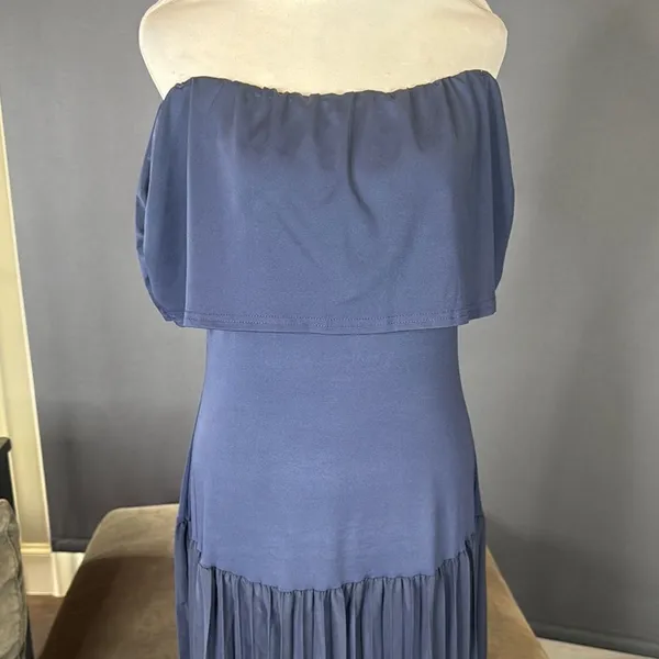 Women’s Navy Off-Shoulder Maxi Dress Pleated Skirt Size L - Image 2