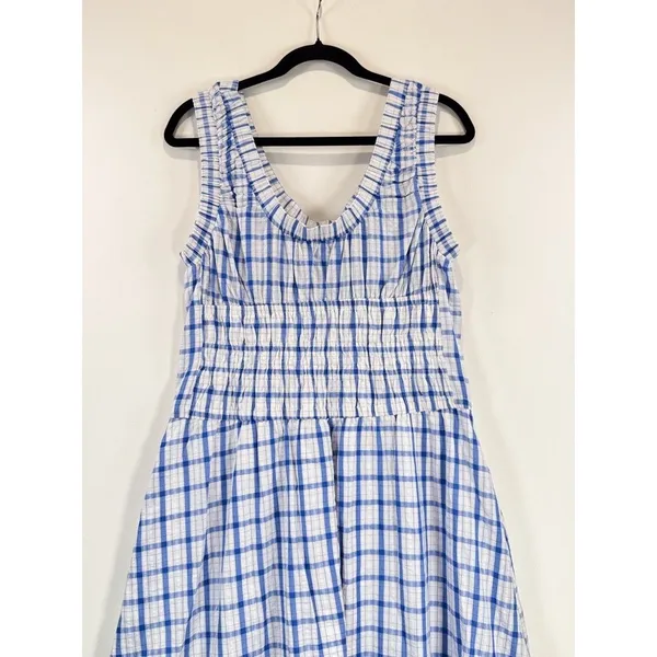 Taelynn Midi Dress Blue Plaid Sleeveless Smocked A Line Flowy Cottagecore Large - Image 7