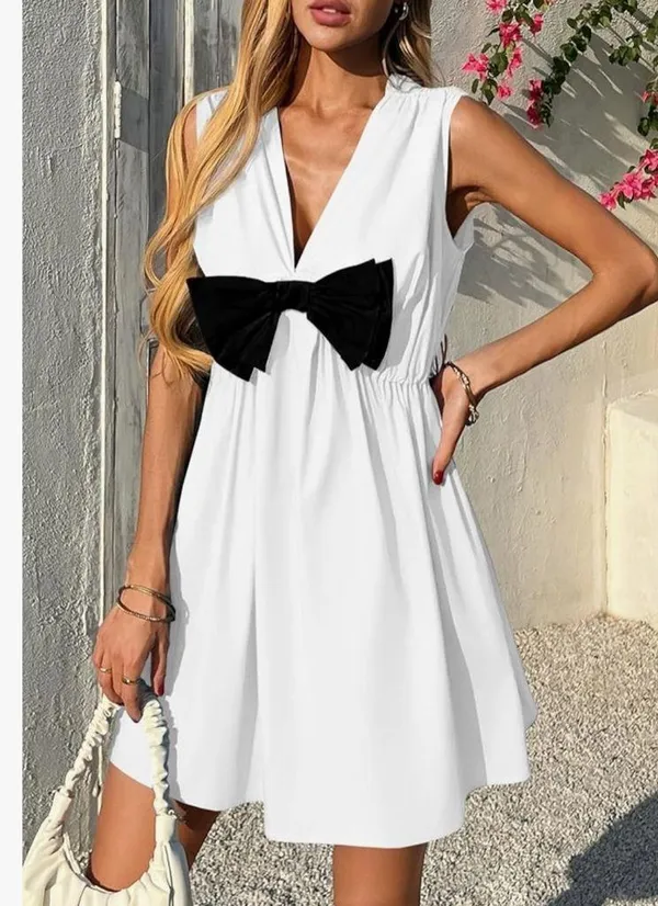 NEW Cotton Sleeveless Mini Dress Casual V Neck Bowknot Loose Babydoll Dress S - Image 6