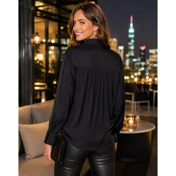 ANTHROPOLOGIE Black Satin Button Down Shirt Blouse Top Pockets Solid Small - Image 7