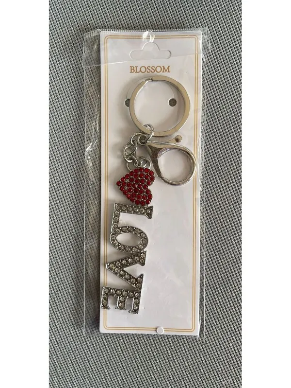 Love Bedazzled Heart Red & Silver Crystals Bag Charm Keychain - Image 2