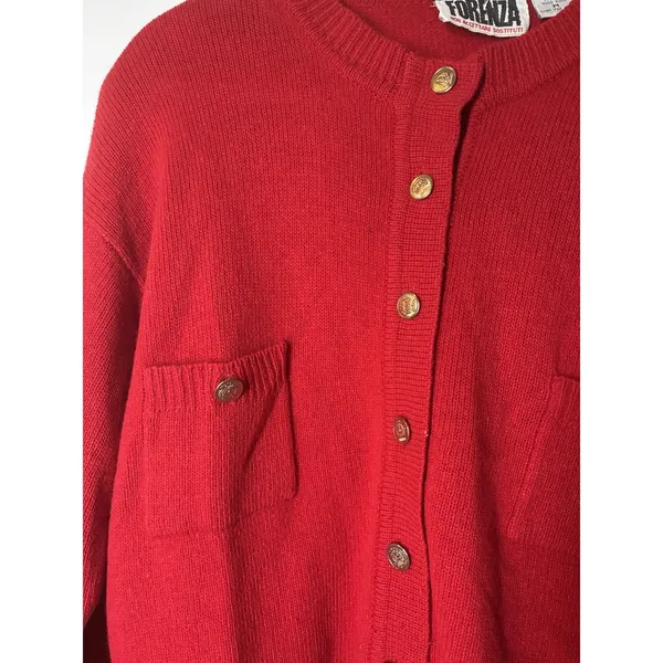 vintage Forenza red knit cardigan crew neck gold-tone buttons Lambswool Stain M - Image 4