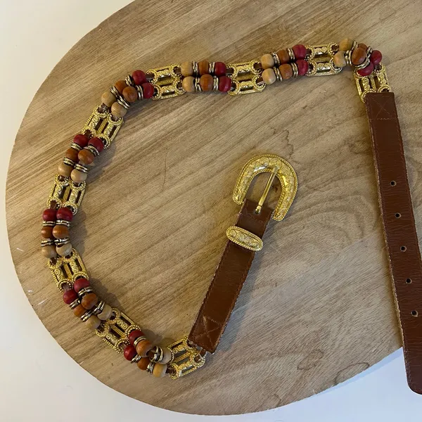 EXPRESS Vintage Brown Genuine Leather Beaded Weaved Link Gold Buckle Belt Size S/M - Image 4