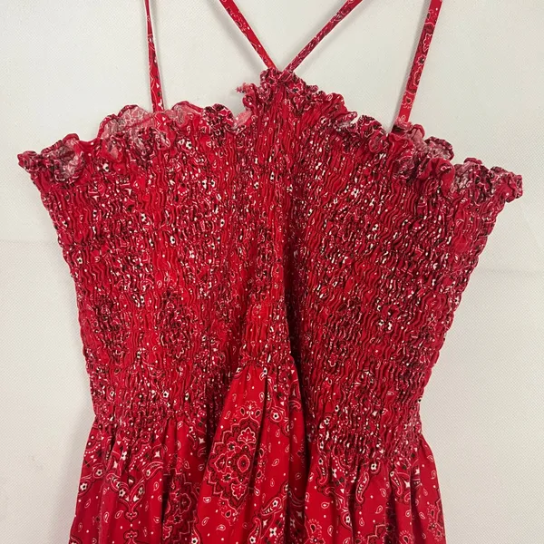 Women's Handkerchief Print Smocked Red Maxi Dress Size S/M - Image 4