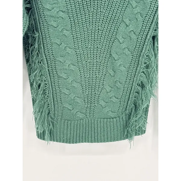 Alison Andrews Sage Green Fringe Cable Knit Sweater Medium Boho Chunky Pullover - Image 4