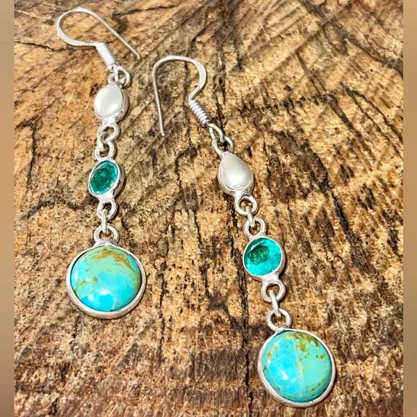 Stabilized Turquoise & Pearl Earrings 2 1/4” - Image 11