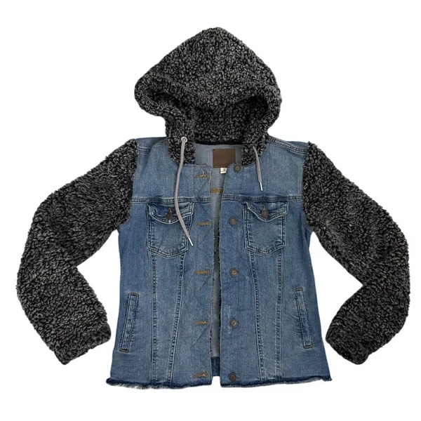 Maurice’s Fleece Sherpa Jean Denim Hooded Trucker Grunge Jacket Size Small - Image 4