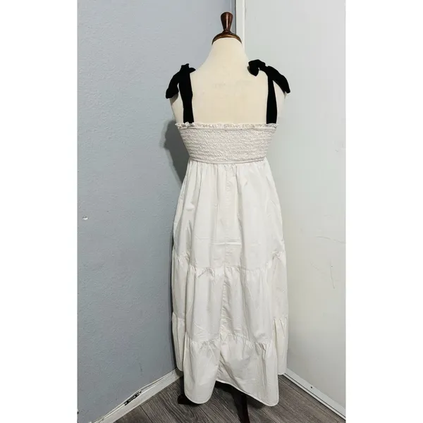 Women Ivory Smocked‎ Tiered Tie Straps Maxi Peasant Dress Size L 100% Cotton - Image 5