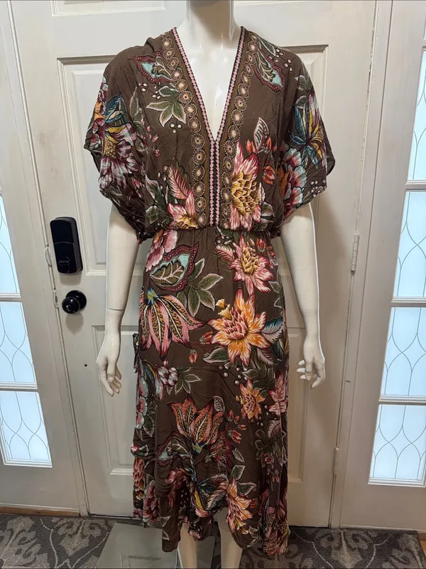 Farm Rio Anthropologie Valentina Brown Floral Maxi Dress In Brown Motif Size XS - Image 2